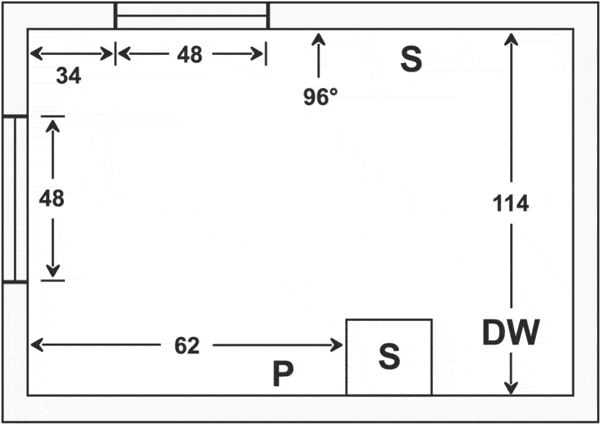 IQ+ Cabinetry kitchen measurement diagram showing wall dimensions and appliance positions